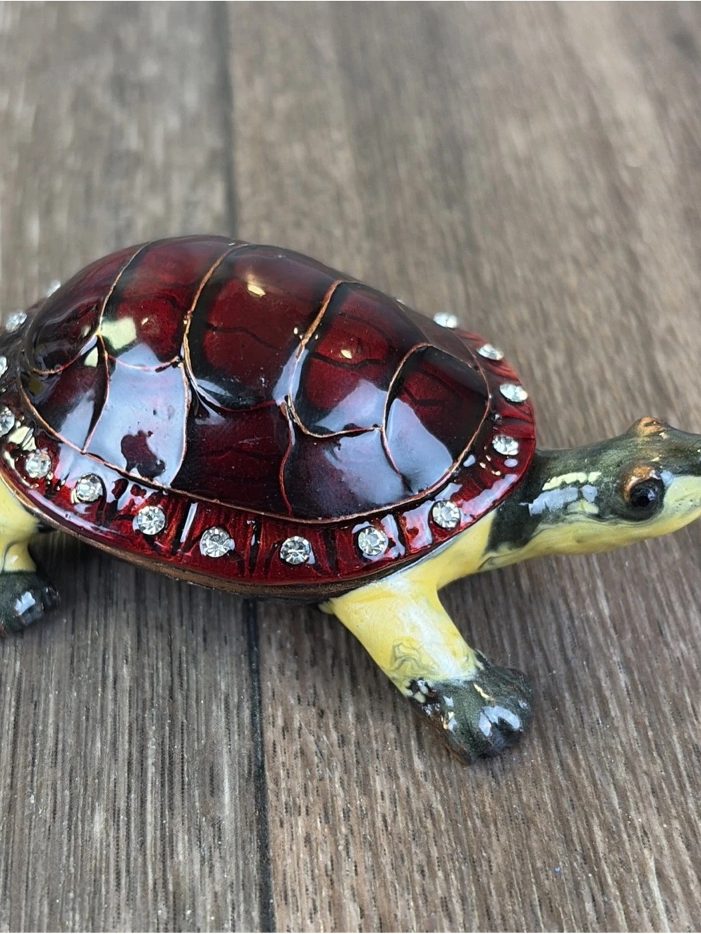 Enamel & Rhinestone Hinged Red Turtle Jewelry Pill Trinket Box Metal Bling